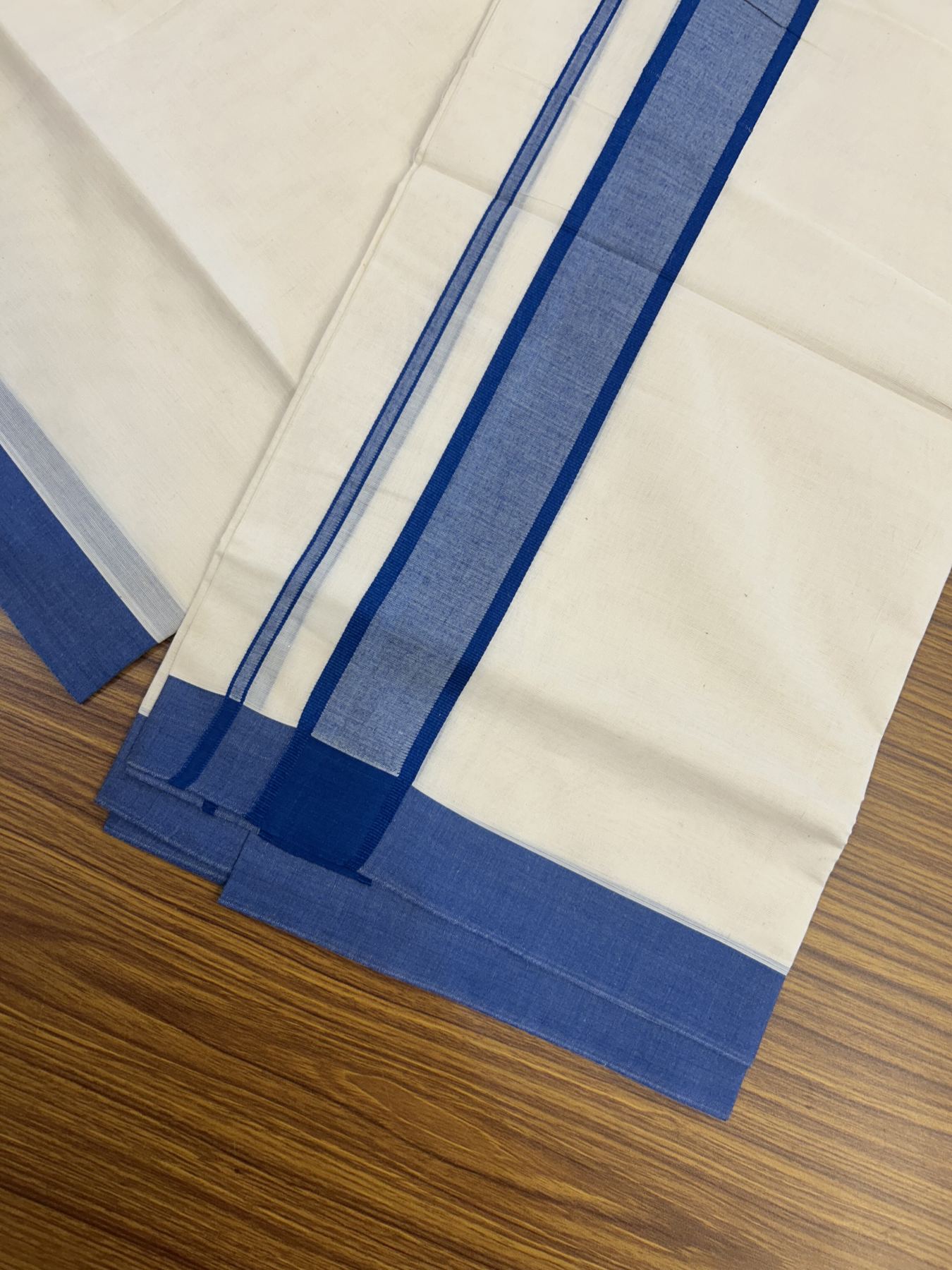 20% Discount! KaithariKada Balaramapuram 100% Cotton Double Off White Mundu/Dhoti- 100x80 - 1.75 inch Blue shaded Kara 4 mtr (8.5 muzham) - 191 KK5361 PMC