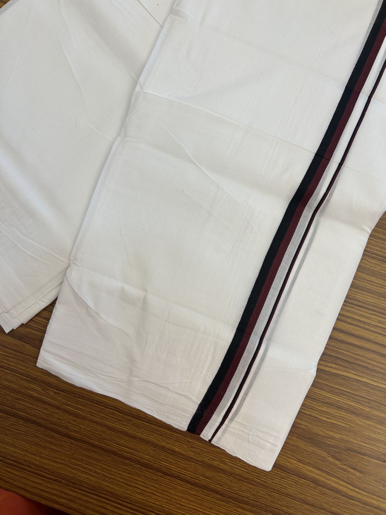 Dmk Veshti - 25% Discount!!! KaithariKada Handloom Unakkupaav - Kerala Handloom - 100% Cotton Pure White Double Mundu/Dhoti - 100X80 - 1.5 cm Maroon & Black kara - 1 KK5336 REA