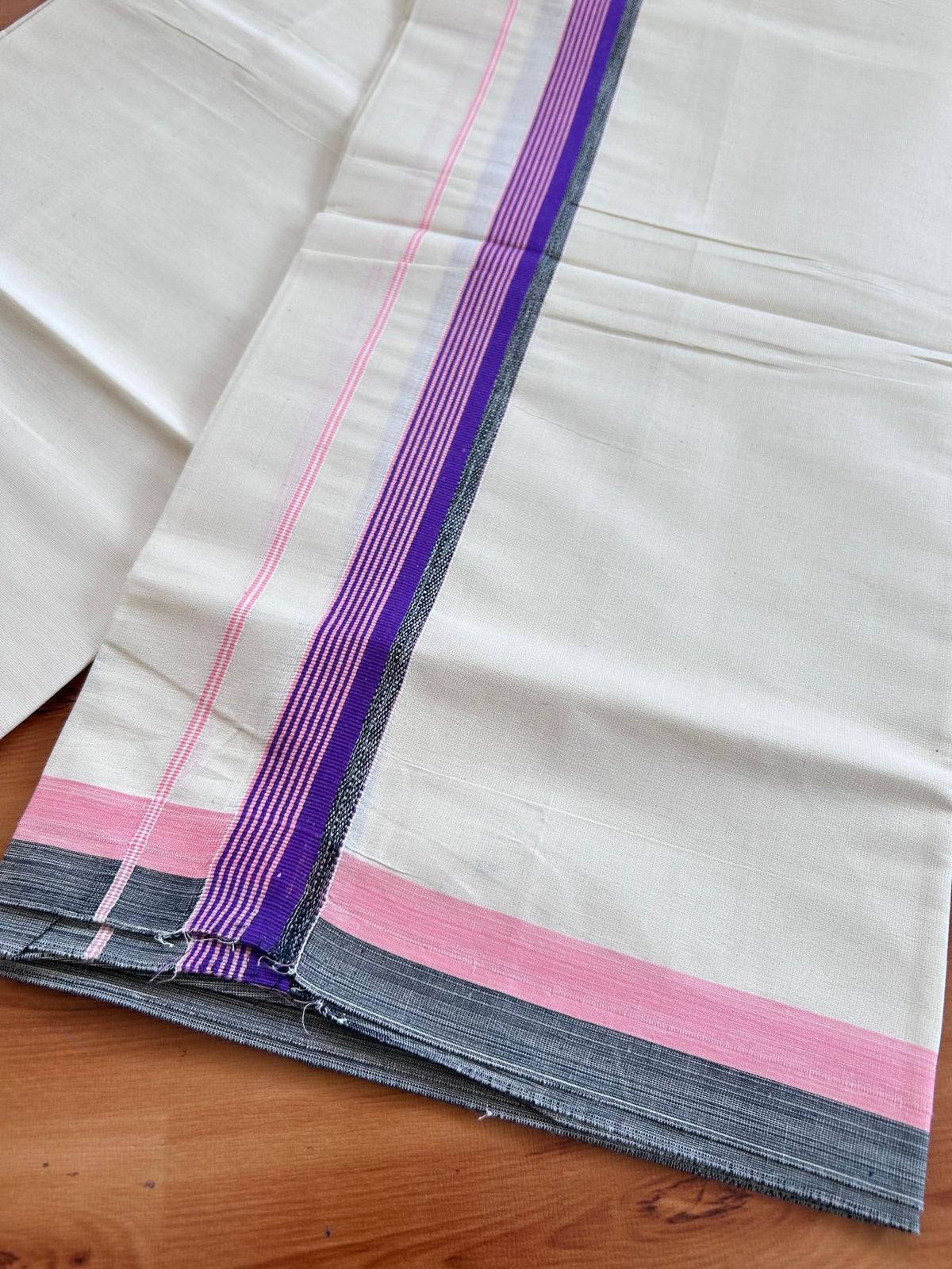 Single Off White - (Unbleached) Mundu/Dhoti - KaithariKada Balaramapuram Pure Cotton 70x30 - 1.5 inch Black , Purple & Light Peach Striped Kara (2 meter /4 muzham) - 36 KK5494 PMC