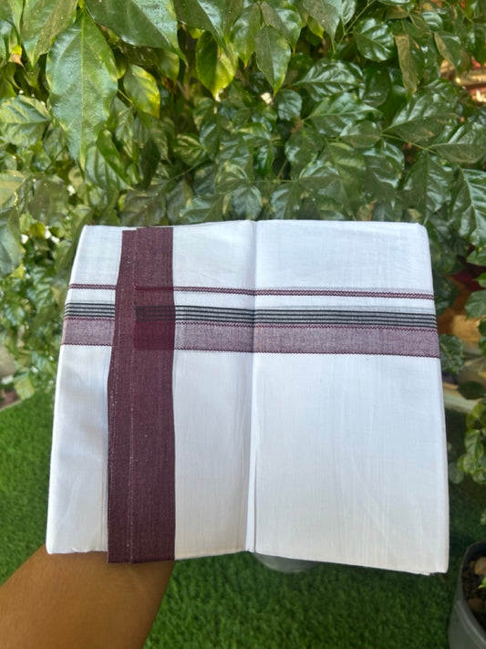 14% Discount ! Kaitharikada Balaramapuram 100% Cotton Pure White Double Mundu/Dothi - 72x72 - 1.25 inch Wine Purple & Black Striped Kara 3.65 mtr (8 muzham) - 11 KK5298 SKM