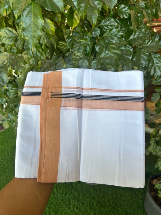 14% Discount ! Kaitharikada Balaramapuram 100% Cotton Pure White Double Mundu/Dothi - 72x72 - 1.25 inch Light Orange & Black Striped Kara 3.65 mtr (8 muzham) - 9 KK5298 SKM