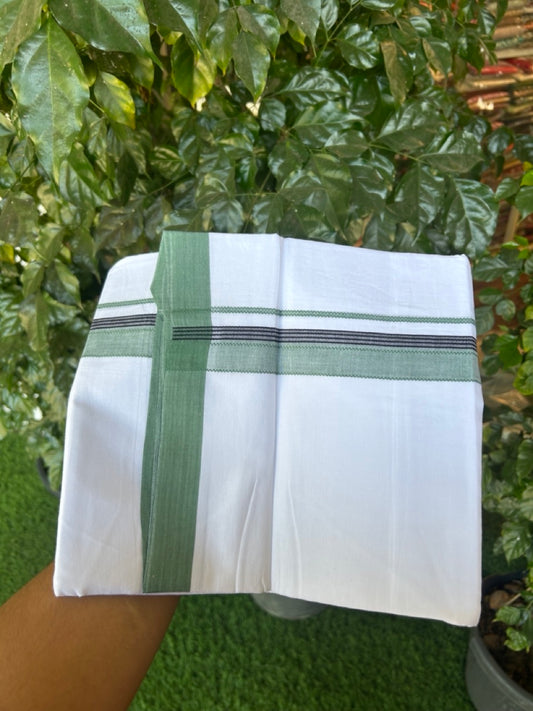 14% Discount ! Kaitharikada Balaramapuram 100% Cotton Pure White Double Mundu/Dothi - 72x72 - 1.25 inch Green & Black Striped Kara 3.65 mtr (8 muzham) - 14 KK5298 SKM