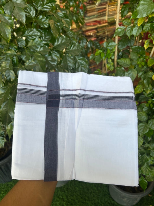 14% Discount ! Kaitharikada Balaramapuram 100% Cotton Pure White Double Mundu/Dothi - 72x72 - 1.25 inch Peach & Black Striped Kara 3.65 mtr (8 muzham) - 3 KK5298 SKM