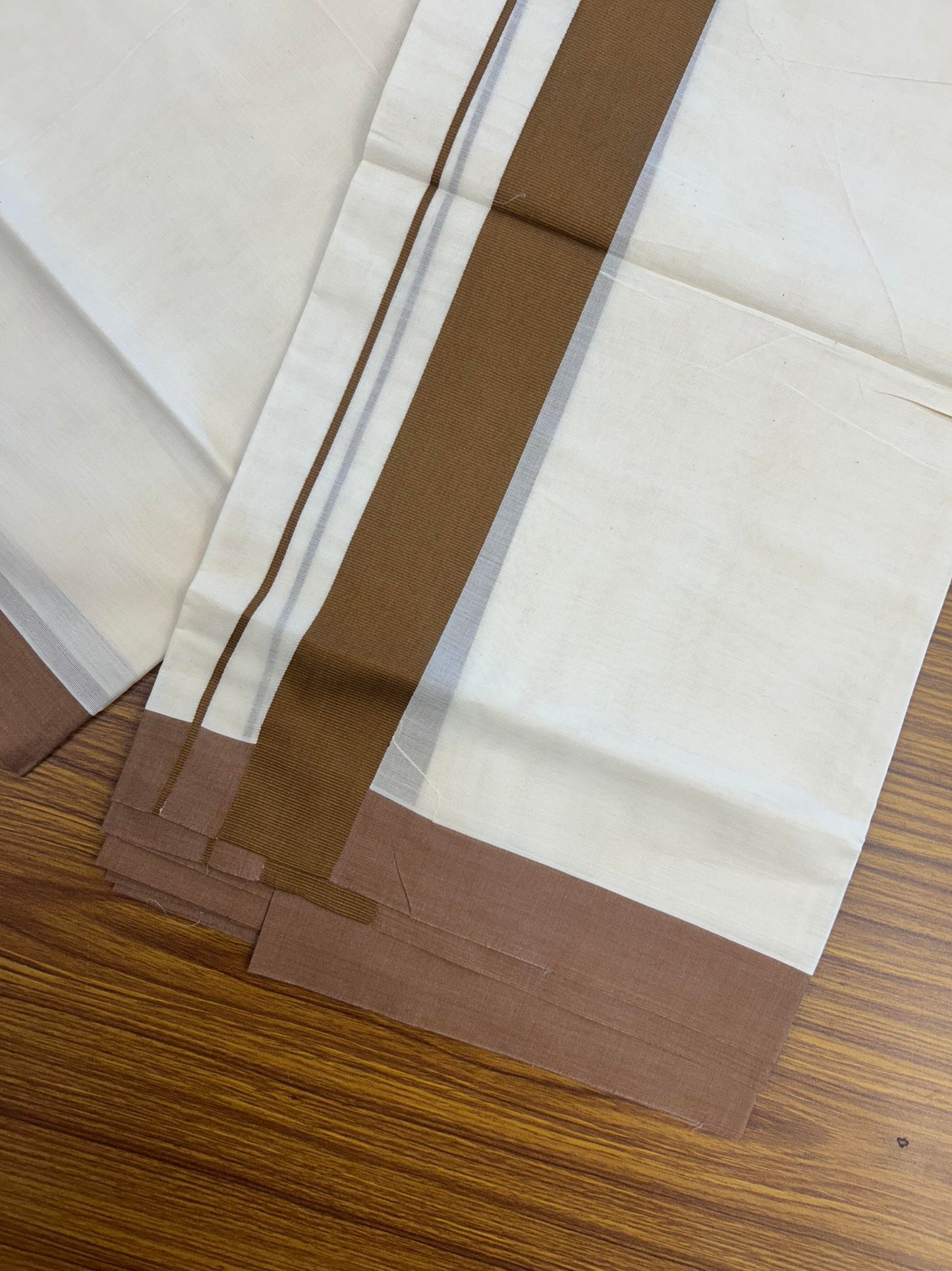 20% Discount! KaithariKada Balaramapuram 100% Cotton Double Off White Mundu/Dhoti- 100x80 - 1.75 inch Brown Kara 4 mtr (8.5 muzham) - 186 KK5361 PMC