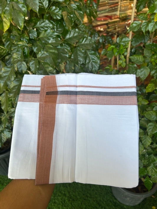 14% Discount ! Kaitharikada Balaramapuram 100% Cotton Pure White Double Mundu/Dothi - 72x72 - 1.25 inch Brown & Black Striped Kara 3.65 mtr (8 muzham) - 7 KK5298 SKM