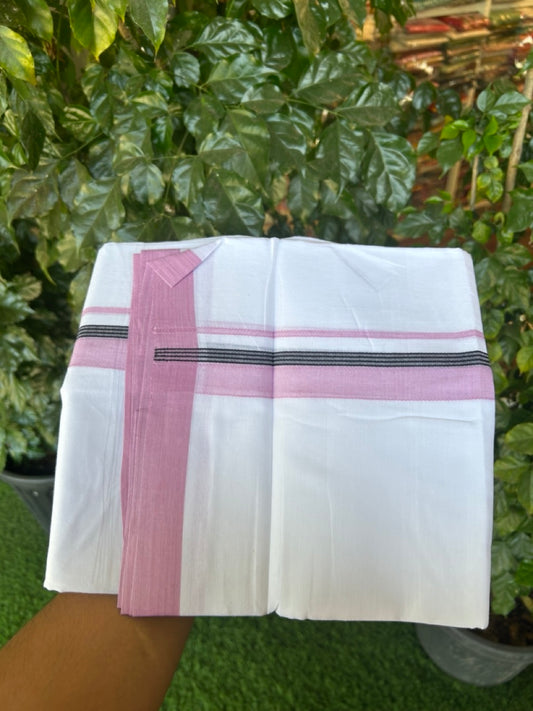 14% Discount ! Kaitharikada Balaramapuram 100% Cotton Pure White Double Mundu/Dothi - 72x72 - 1.25 inch Light Pink & Black Striped Kara 3.65 mtr (8 muzham) - 6 KK5298 SKM