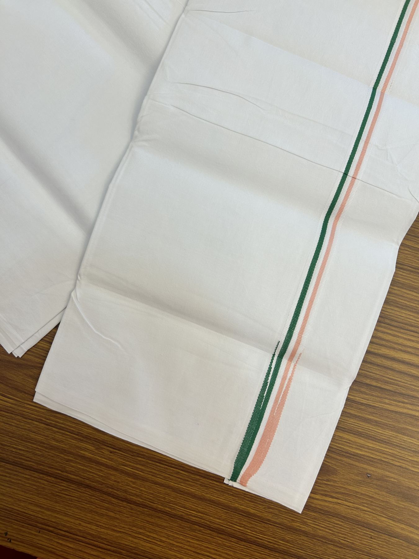 20% Discount ! KaithariKada 100% Cotton Single Pure White Mundu/Dhoti - Twisted 100s Thread - 0.75 inch Puliyilakkara Peach White & Green Chutty Kara (2 meter / 4 muzham) - 4 KK5336 ASH