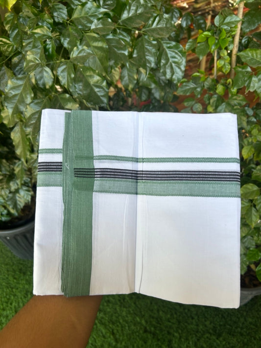 14% Discount ! Kaitharikada Balaramapuram 100% Cotton Pure White Double Mundu/Dothi - 72x72 - 1.25 inch Sea Green & Black Striped Kara 3.65 mtr (8 muzham) - 12 KK5298 SKM