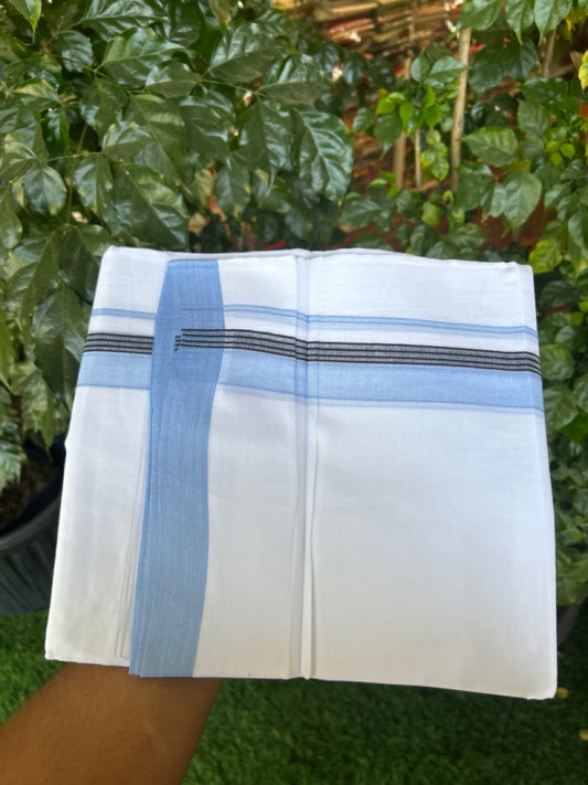 14% Discount ! Kaitharikada Balaramapuram 100% Cotton Pure White Double Mundu/Dothi - 72x72 - 1.25 inch Light Blue & Black Striped Kara 3.65 mtr (8 muzham) - 8 KK5298 SKM