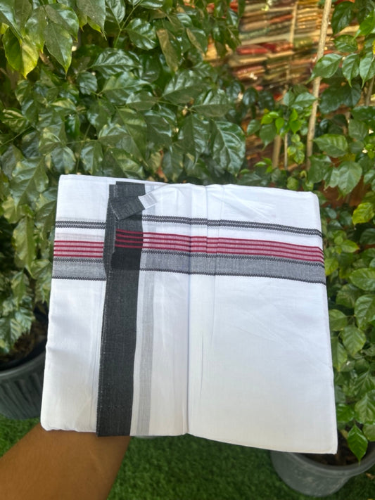 14% Discount ! Kaitharikada Balaramapuram 100% Cotton Pure White Double Mundu/Dothi - 72x72 - 1.5 inch Wine Purple & Black Striped Kara 3.65 mtr (8 muzham) - 13 KK5298 SKM