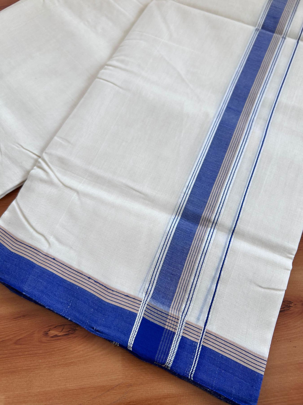 Off White (Unbleached) Double Mundu/Dhoti - 25% Discount! KaithariKada Handloom Unakkupaav- 100% Pure Cotton - 100x80 - 1.25 inch Silver Kasav Blue & Sand Brown striped kara 4 Meters (8.5 Muzham) - 5 KK5511 REA