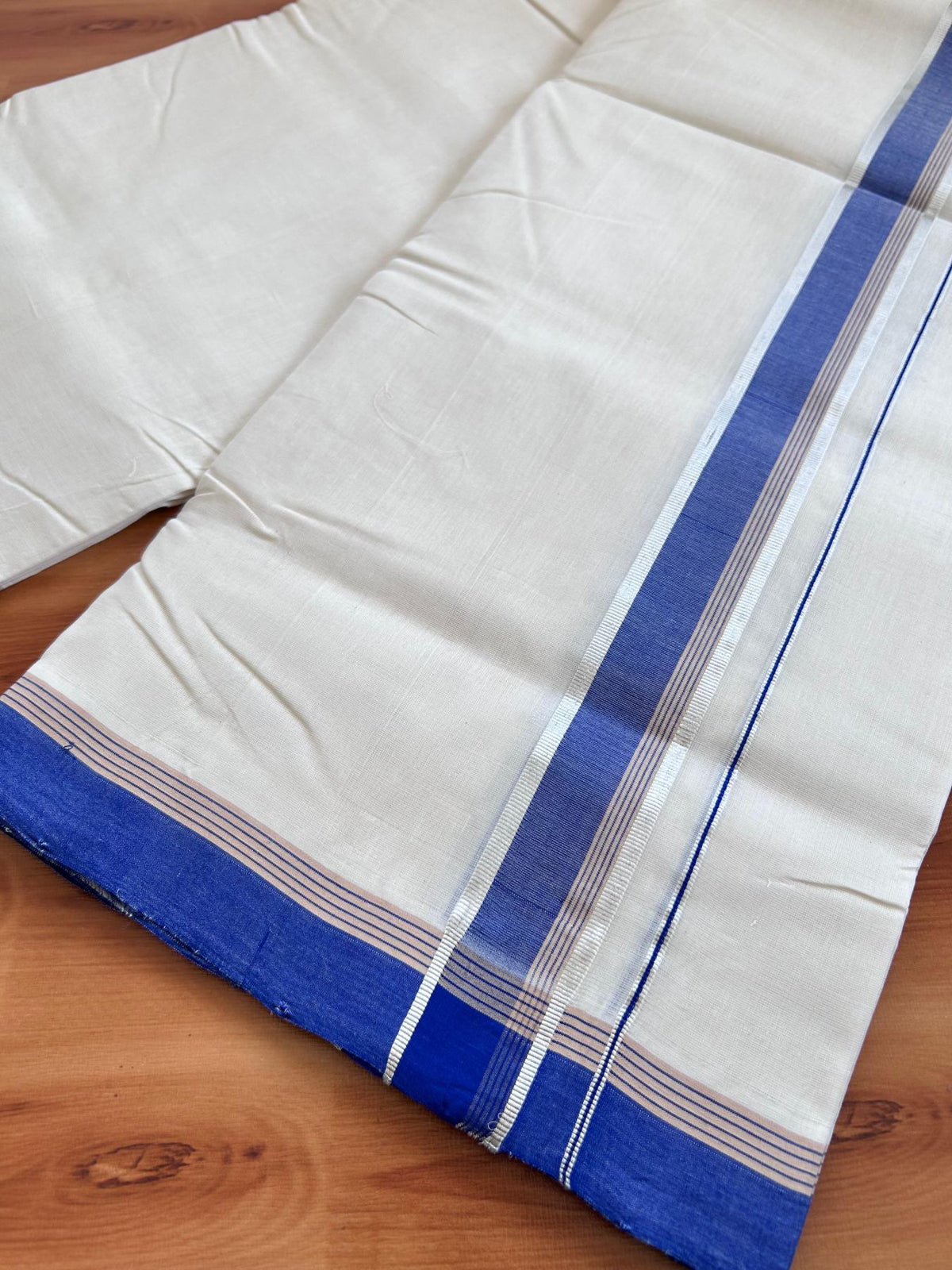 Off White (Unbleached) Double Mundu/Dhoti - 25% Discount! KaithariKada Handloom Unakkupaav- 100% Pure Cotton - 100x80 - 1.25 inch Silver Kasav Blue & Sand Brown striped kara 4 Meters (8.5 Muzham) - 6 KK5511 REA