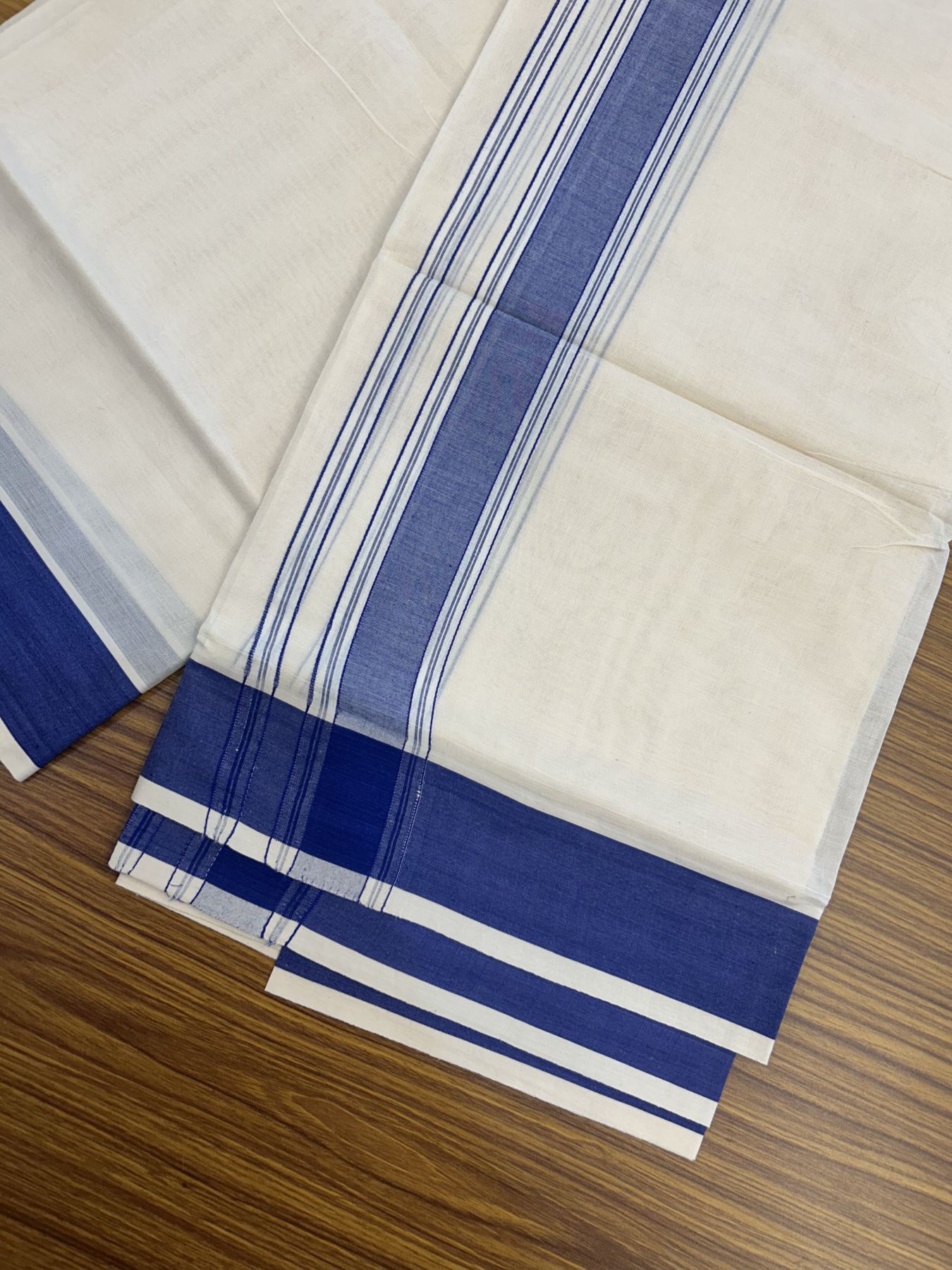 20% Discount! KaithariKada Balaramapuram 100% Cotton Double Off White Mundu/Dhoti- 100x80 -2 inch Blue Shaded Striped Kara 4 mtr (8.5 muzham) - 216 KK5361 PMC
