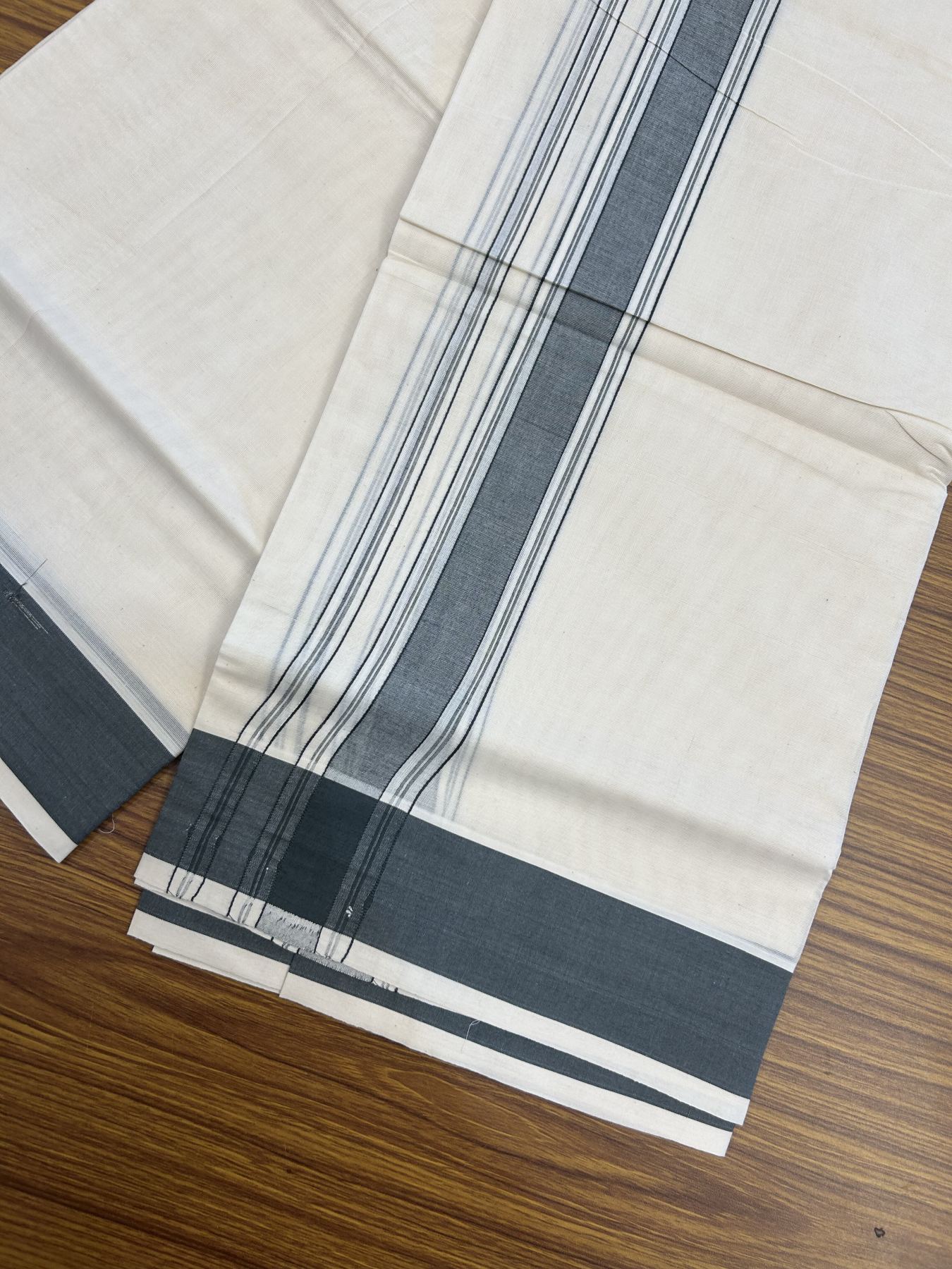 20% Discount! KaithariKada Balaramapuram 100% Cotton Double Off White Mundu/Dhoti- 100x80 - 1.75 inch Dark Sage Green Shaded Striped Kara 4 mtr (8.5 muzham) - 217 KK5361 PMC
