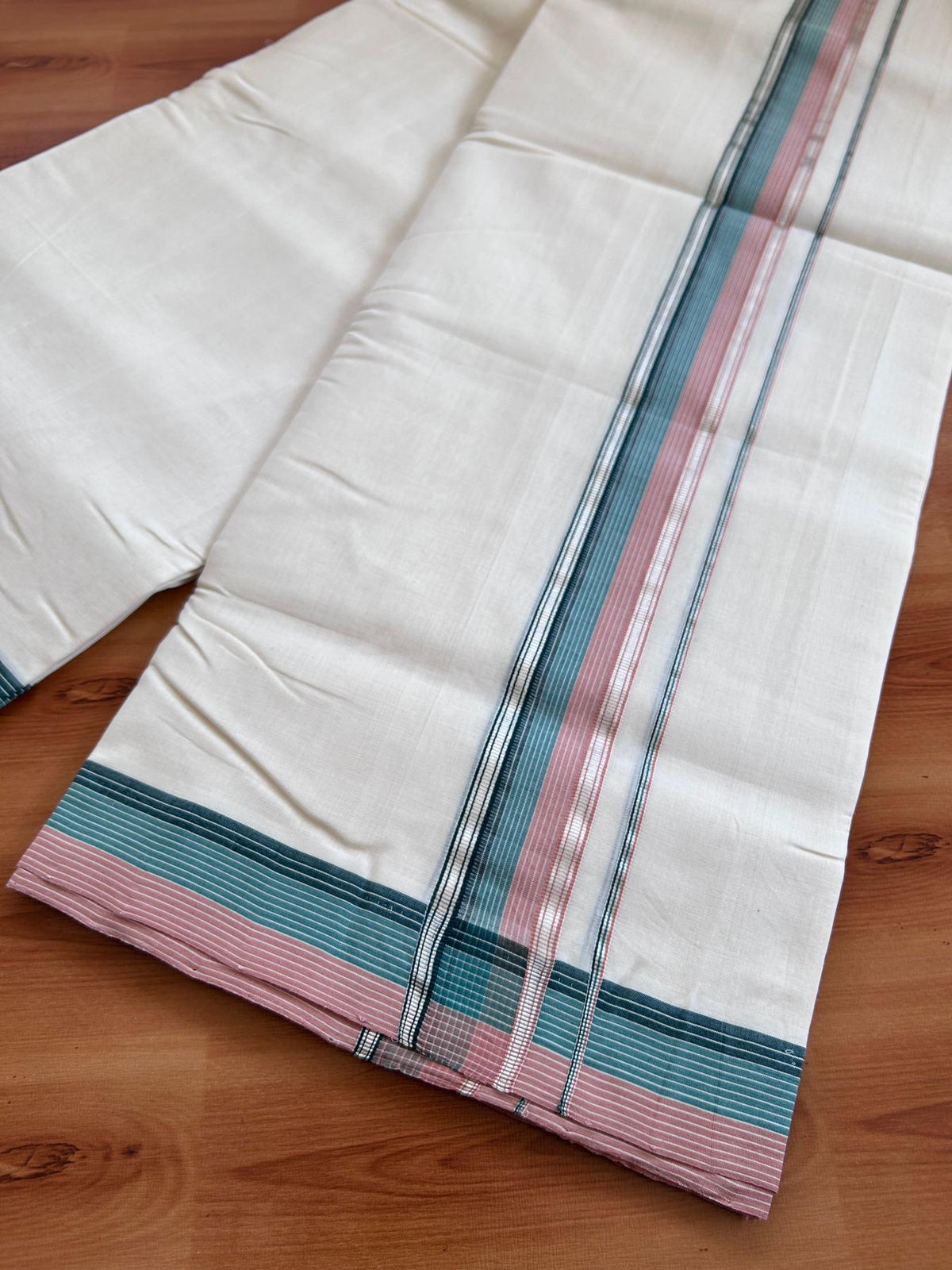 Off White (Unbleached) Double Mundu/Dhoti - 25% Discount! KaithariKada Handloom Unakkupaav- 100% Pure Cotton - 100x80 - 1.5 inch Silver Kasav Dusty Peach & Green Shaded Striped Kara 4 Meters (8.5 Muzham) - 8 KK5511 REA