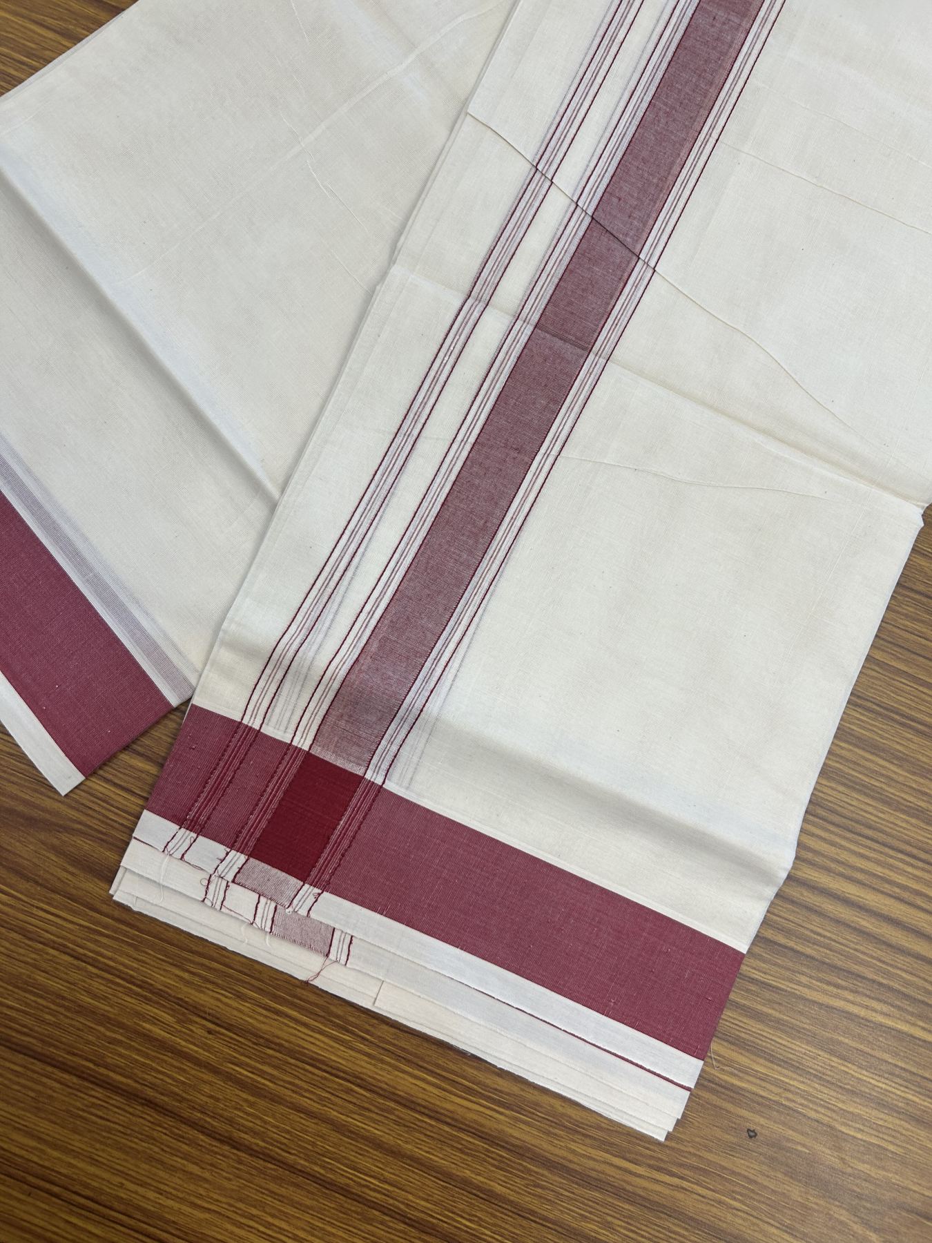 20% Discount! KaithariKada Balaramapuram 100% Cotton Double Off White Mundu/Dhoti- 100x80 -1.75 inch Maroon Shaded Striped Kara 4 mtr (8.5 muzham) - 218 KK5361 PMC