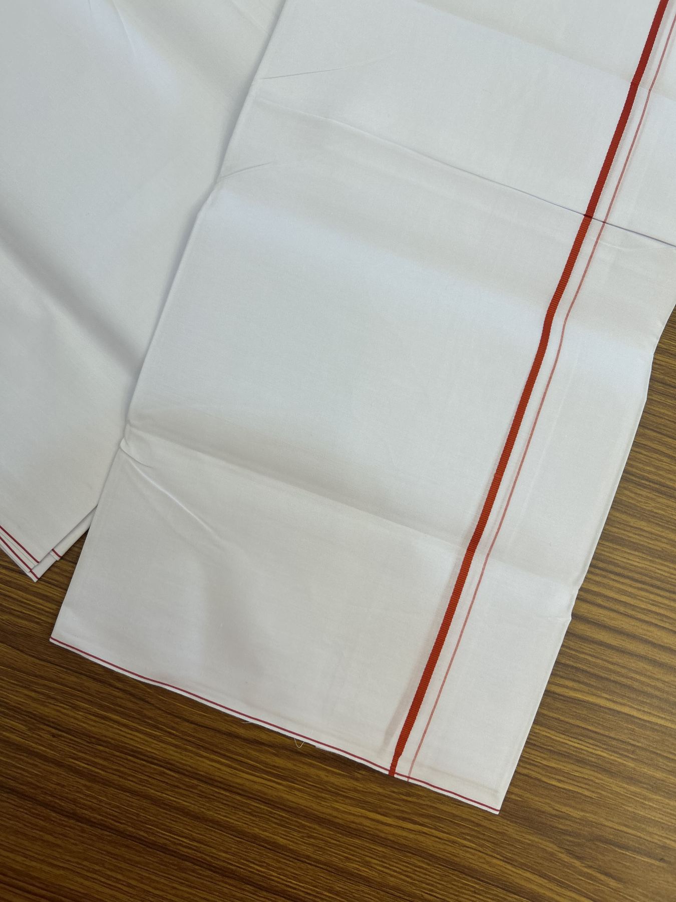 20% Discount !! KaithariKada Wrinkle Free Mercerised Cotton Pure White Single Mundu/Dhoti- (40s) - 0.25 cm Red Kara (2 meter / 4 muzham) - 19 KK5336 UAT
