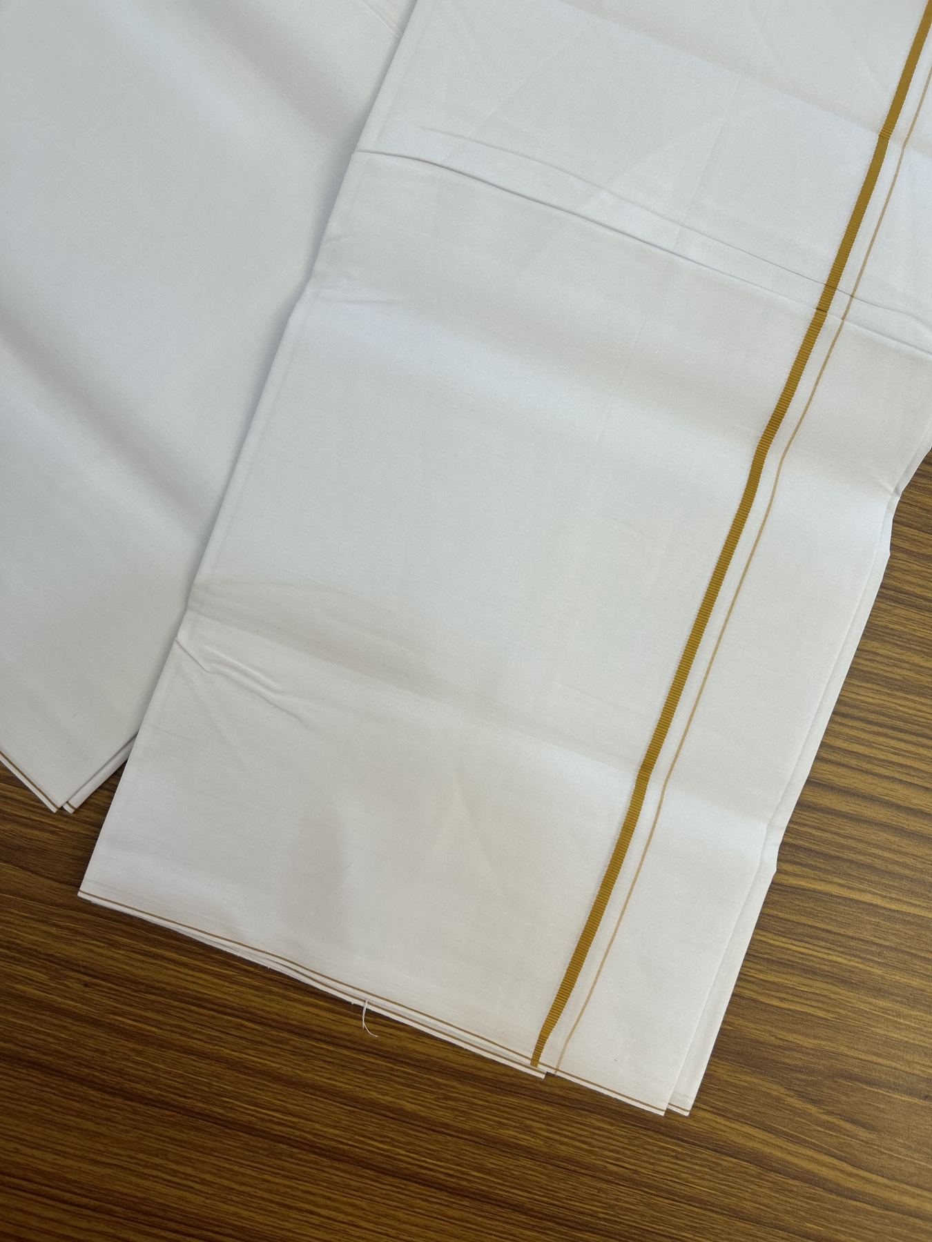 20% Discount !! KaithariKada Wrinkle Free Mercerised Cotton Pure White Single Mundu/Dhoti- (40s) - 0.25 cm Mustard Yellow Kara (2 meter / 4 muzham) - 20 KK5336 UAT