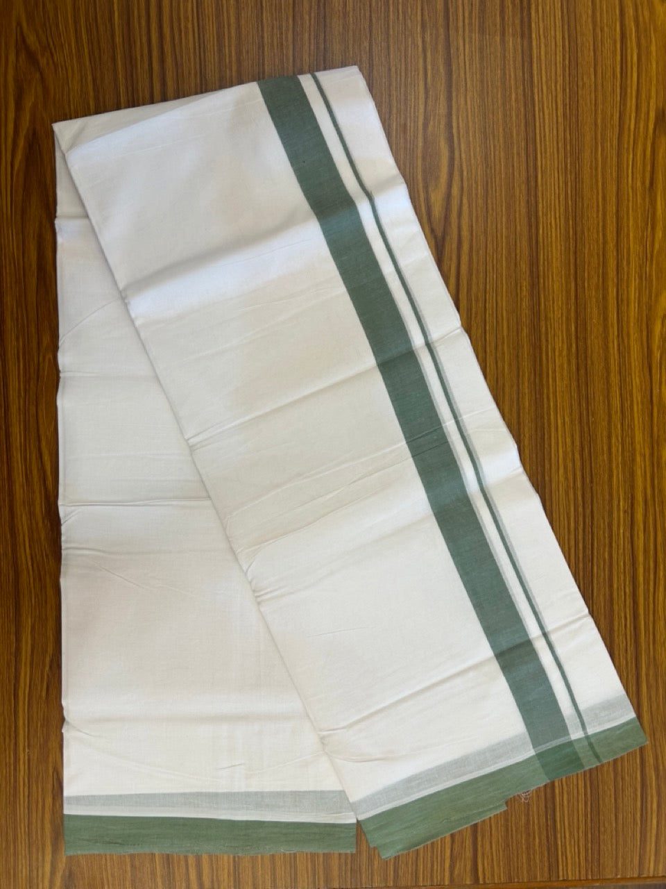 KaithariKada Handloom Millpaav Balaramapuram - 100% Pure Cotton Double Mundu/Dhoti Pure white - 80x90 - 1 inch Green Mulloth Kara 4 mtr (8.5 Muzham) - 8 KK5263 YAR