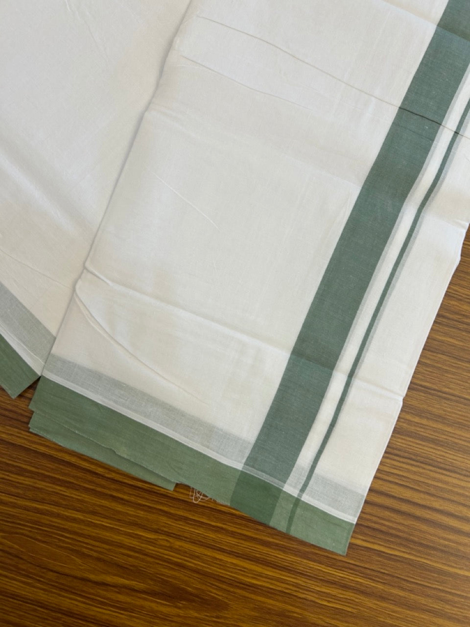 KaithariKada Handloom Millpaav Balaramapuram - 100% Pure Cotton Double Mundu/Dhoti Pure white - 80x90 - 1 inch Green Mulloth Kara 4 mtr (8.5 Muzham) - 8 KK5263 YAR