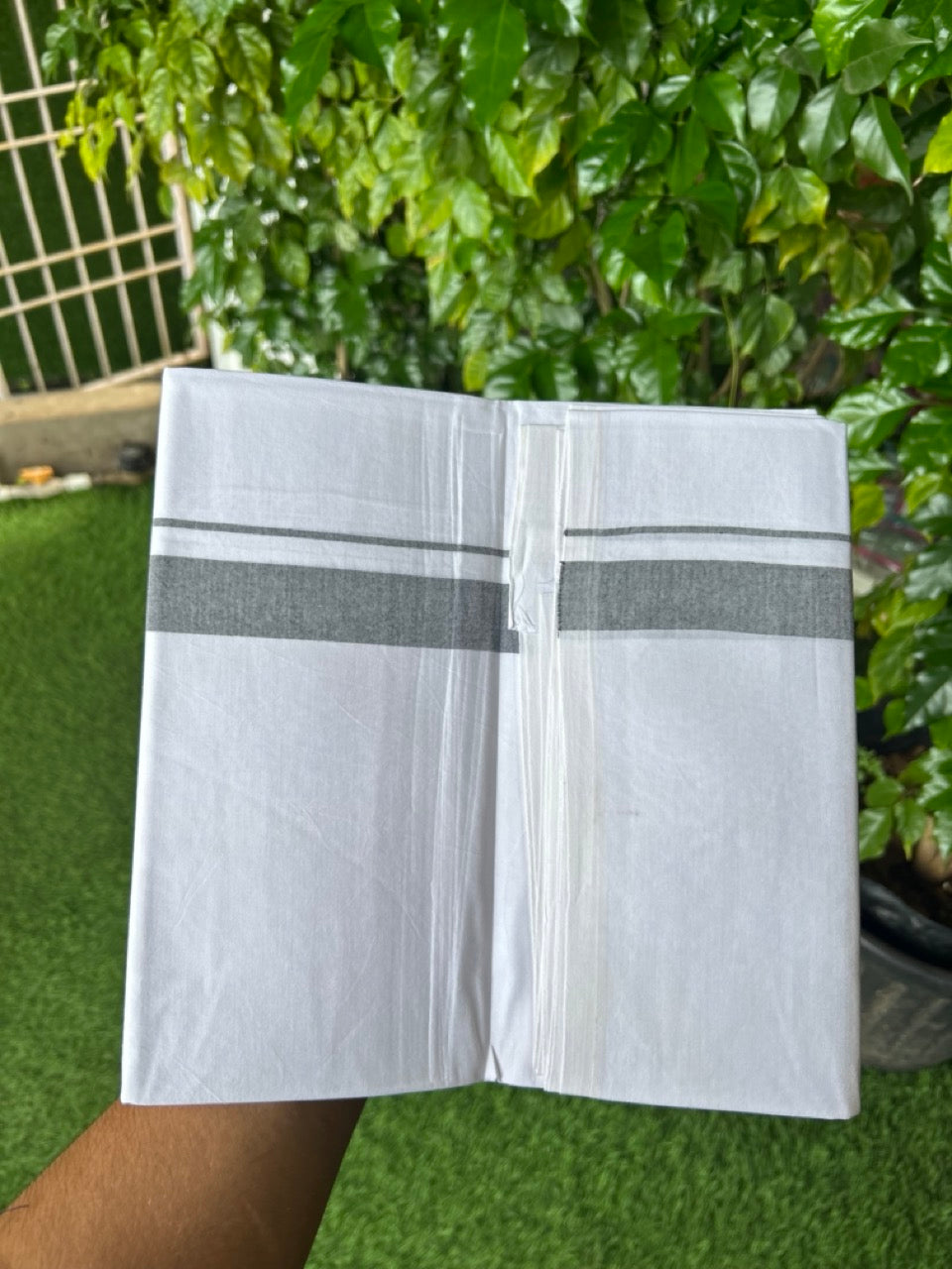 20% DISCOUNT ! KaithariKada Balaramapuram 100% COTTON SINGLE PURE WHITE Mundu/Dhoti-Twisted 100s Thread - 1 inch Ash Black Kara (2 meter / 4 muzham) - 5KK5224 ASH