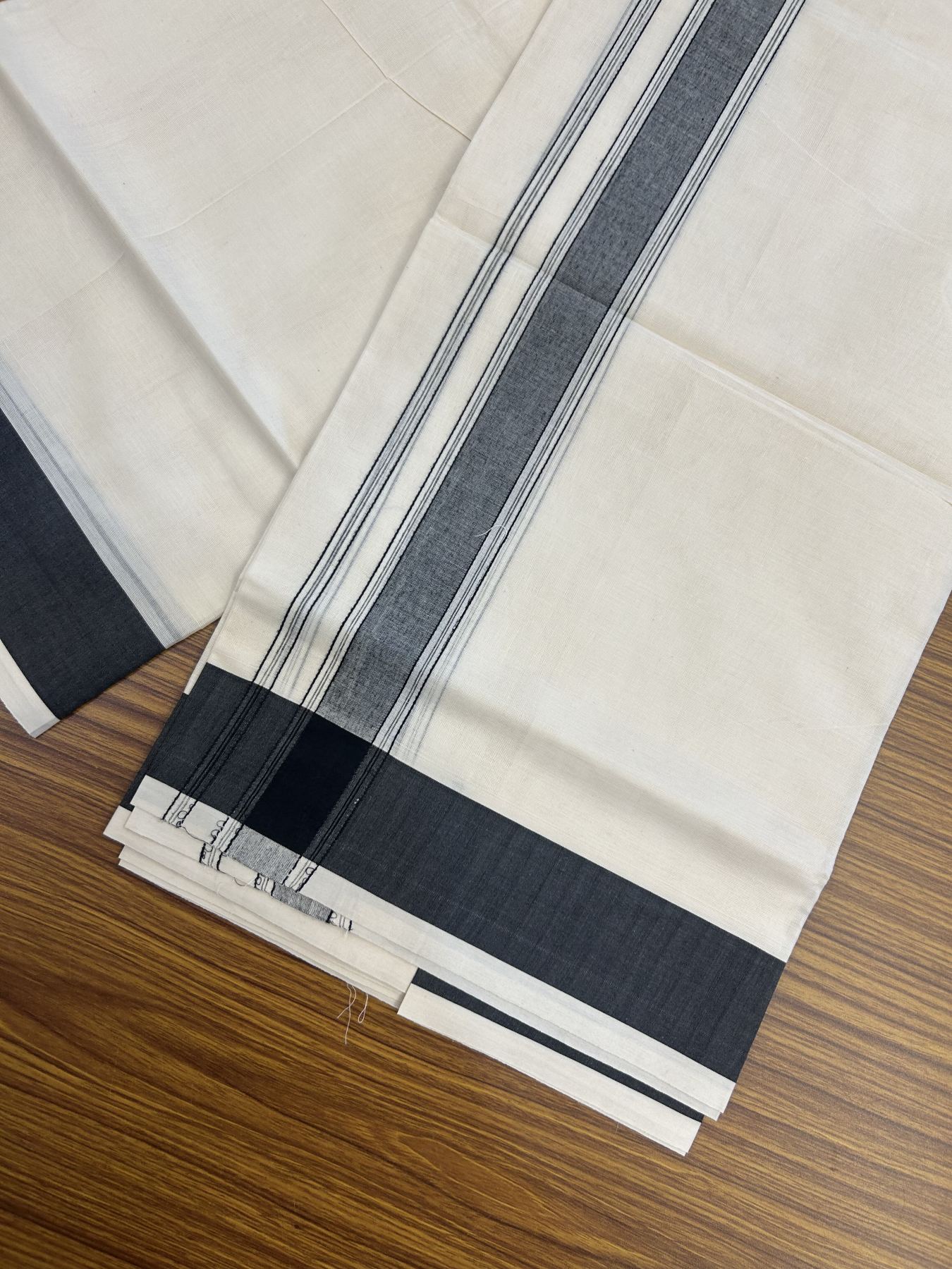 20% Discount! KaithariKada Balaramapuram 100% Cotton Double Off White Mundu/Dhoti- 100x80 -1.75 inch Black Shaded Striped Kara 4 mtr (8.5 muzham) - 221 KK5361 PMC