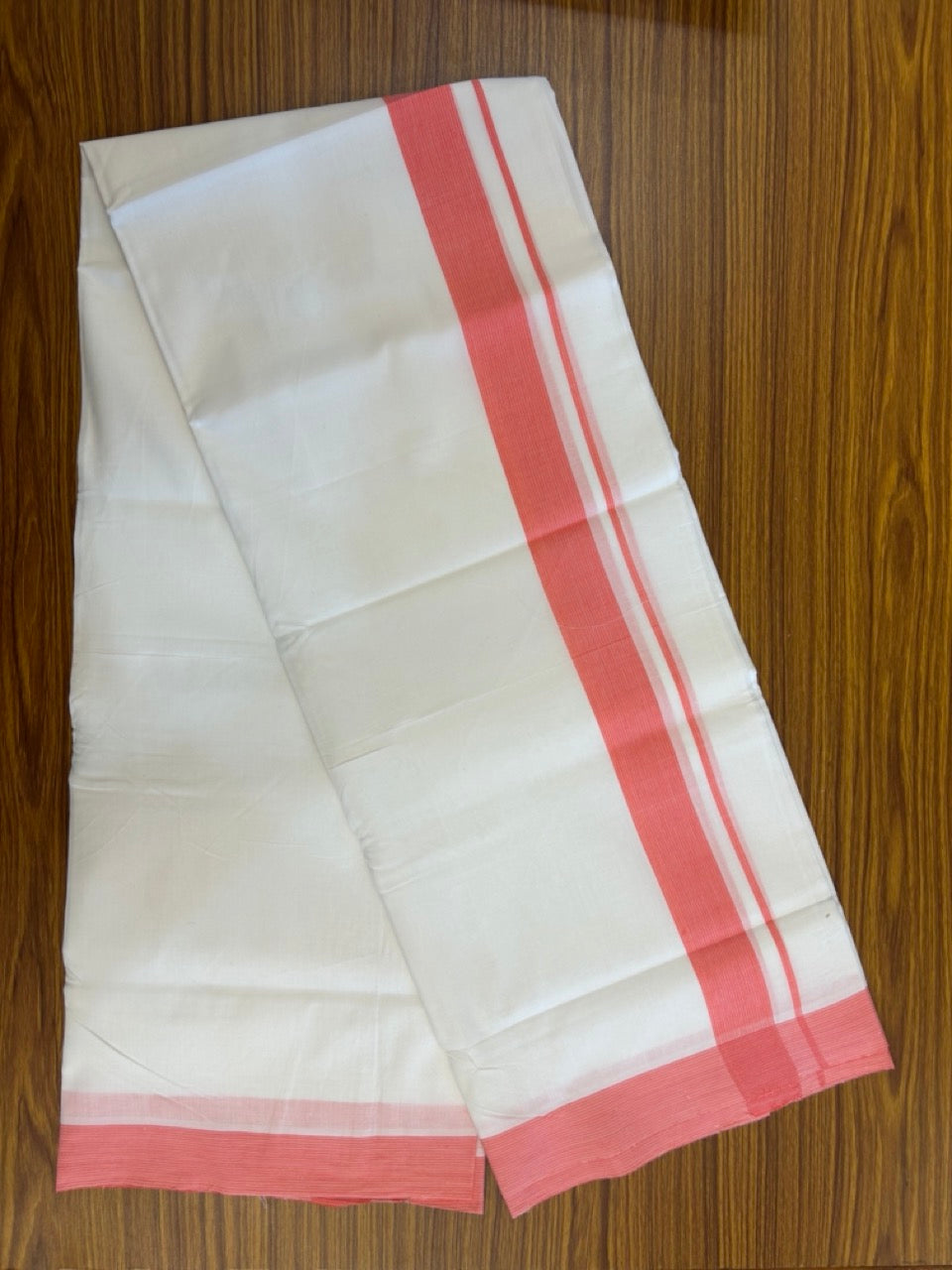 KaithariKada Handloom Millpaav Balaramapuram - 100% Pure Cotton Double Mundu/Dhoti Pure white - 80x90 - 1.5 inch Coral red shaded striped Kara 4 mtr (8.5 Muzham) - 15 KK5263 YAR