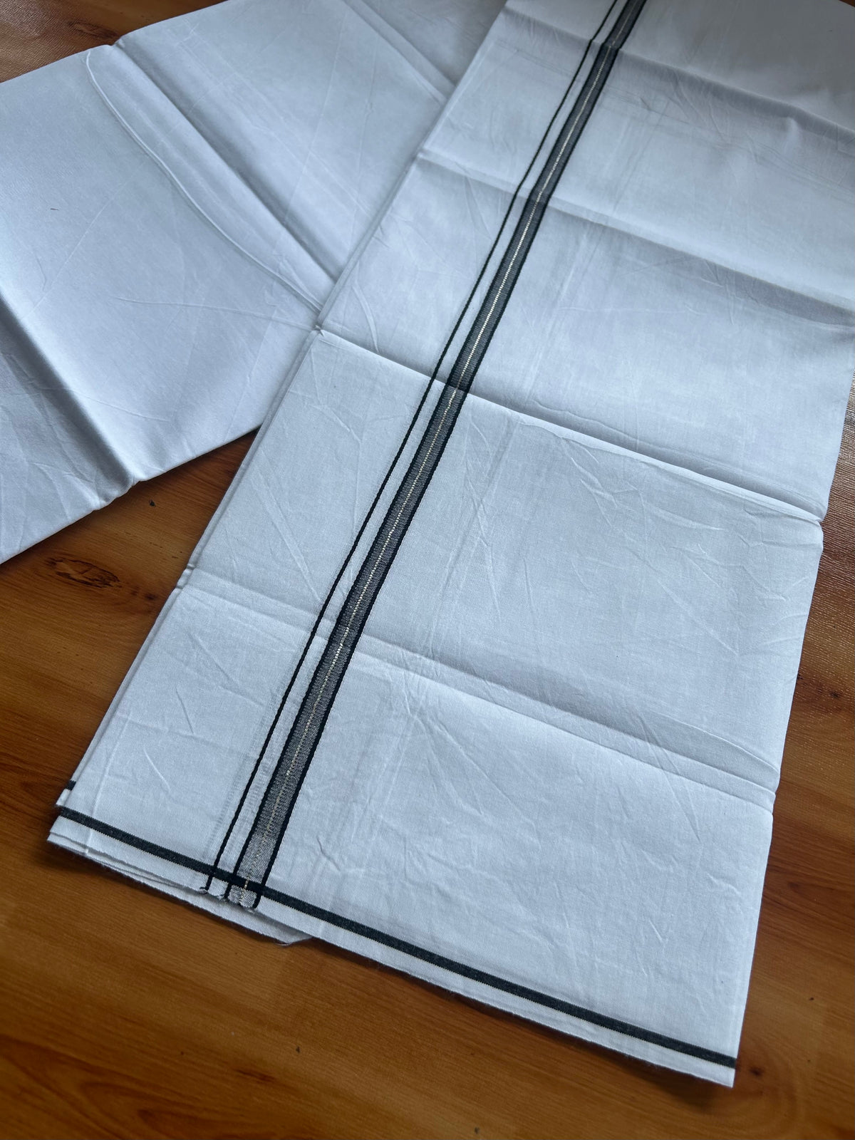 Single Mundu/Dhoti - Pure White - KaithariKada Pulimood 100% Cotton - Twisted 60s Thread - 0.5 inch Black & Silver Kara (2 meter / 4 muzham) - 12 KK5556 GL