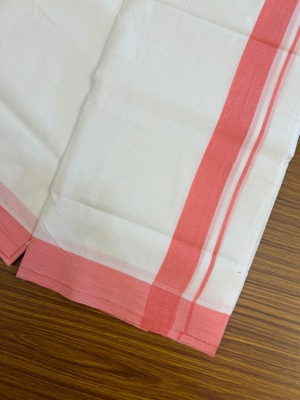 KaithariKada Handloom Millpaav Balaramapuram - 100% Pure Cotton Double Mundu/Dhoti Pure white - 80x90 - 1.5 inch Coral red shaded striped Kara 4 mtr (8.5 Muzham) - 15 KK5263 YAR