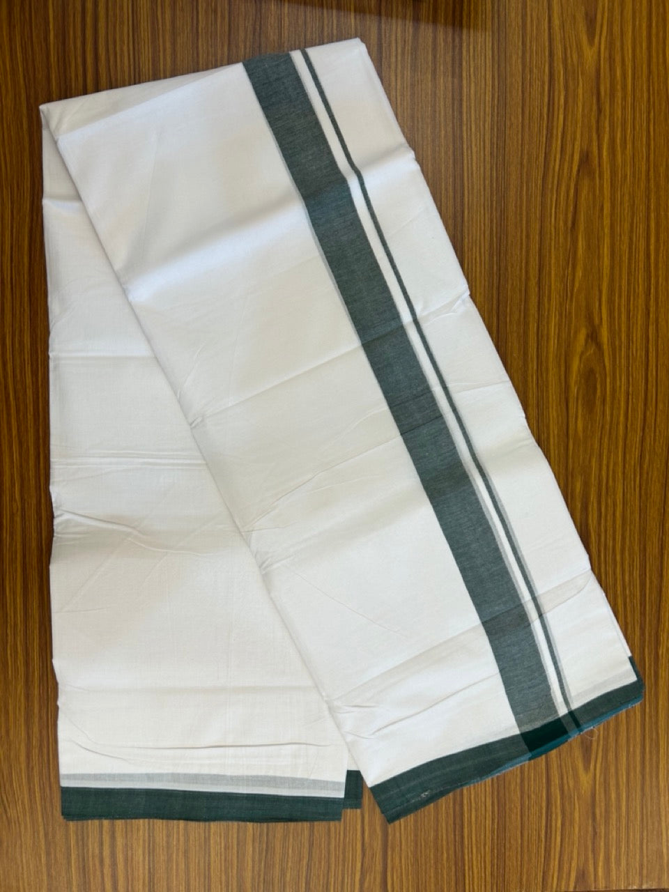 KaithariKada Handloom Millpaav Balaramapuram - 100% Pure Cotton Double Mundu/Dhoti Pure white - 80x90 - 1.5 inch Dark Green Mulloth Kara 4 mtr (8.5 Muzham) - 4 KK5263 YAR
