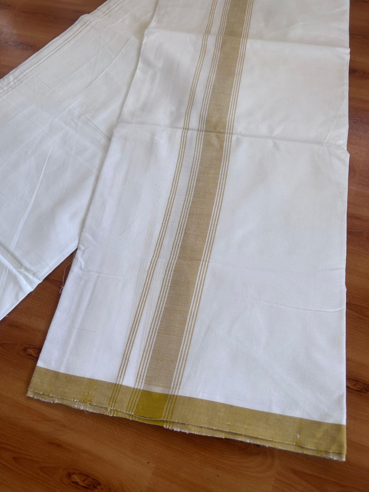 Kerala Handloom - Signature Kaitharikada - 100% Pure Cotton 2/80sx2/80s Thread - Light White Single Mundu / Dhoti - 1.25 inch Mustard Yellow Shaded Striped Kara - (2 meter / 4 muzham) - 23 KK8080 KAL