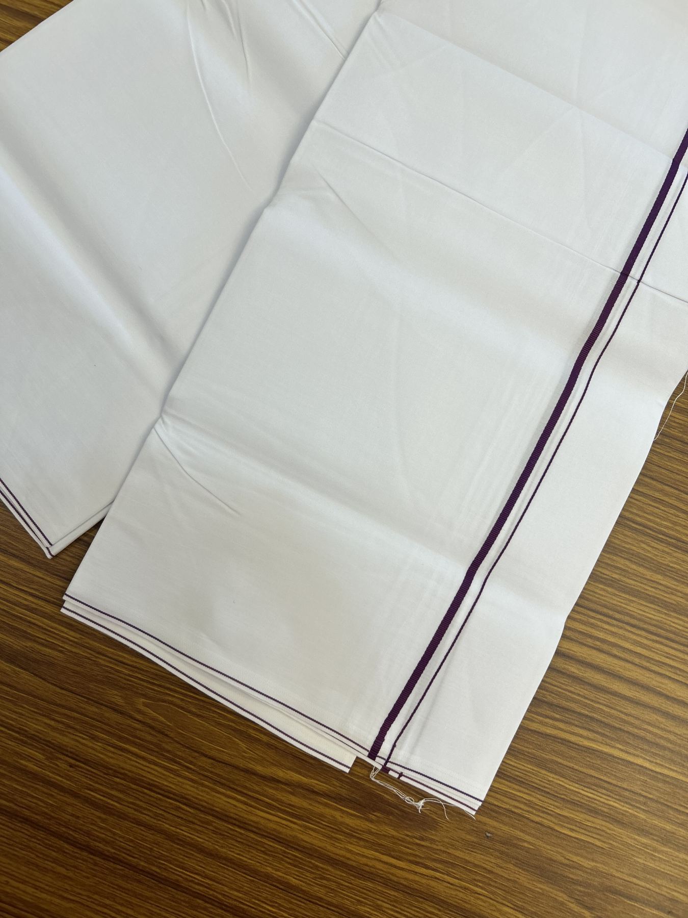 20% Discount !! KaithariKada Wrinkle Free Mercerised Cotton Pure White Single Mundu/Dhoti- (40s) - 0.25 cm Purple Kara (2 meter / 4 muzham) - 24 KK5336 UAT