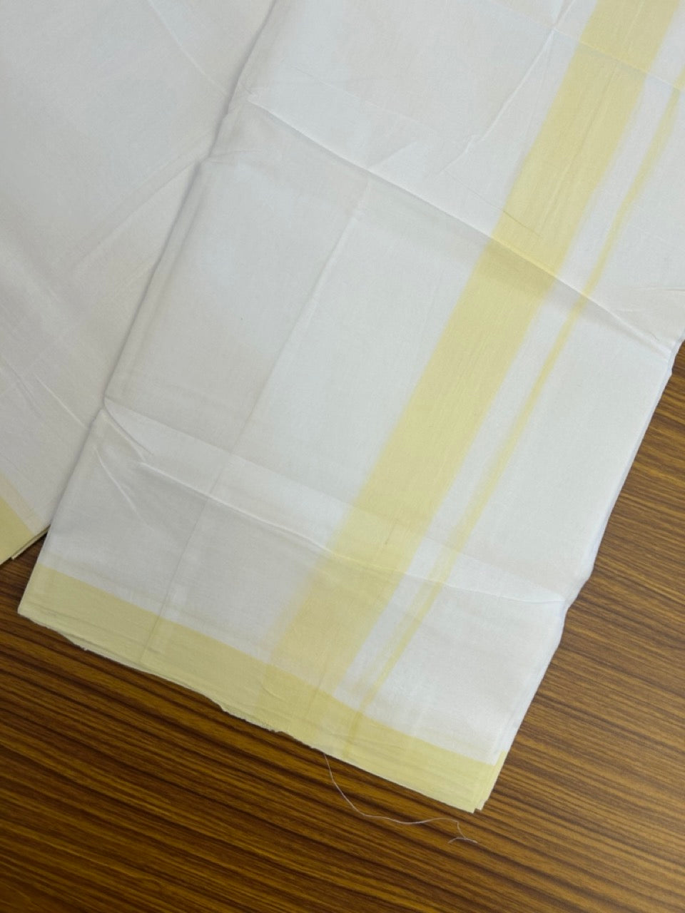 KaithariKada Handloom Millpaav Balaramapuram - 100% Pure Cotton Double Mundu/Dhoti Pure white - 80x90 - 1.5 inch Light Yellow Mulloth Kara 4 mtr (8.5 Muzham) - 6 KK5263 YAR