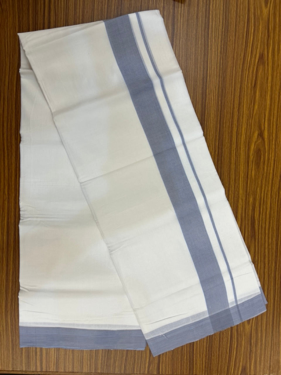 KaithariKada Handloom Millpaav Balaramapuram - 100% Pure Cotton Double Mundu/Dhoti Pure white - 80x90 - 1.75 inch Light Blue & Brown shaded striped Kara 4 mtr (8.5 Muzham) - 12 KK5263 YAR