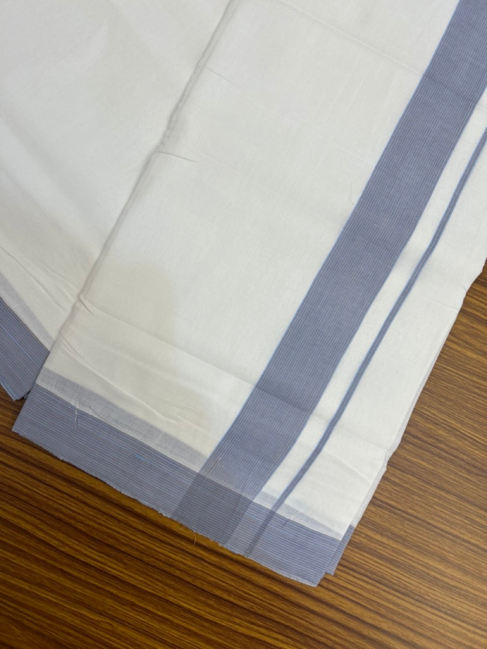 KaithariKada Handloom Millpaav Balaramapuram - 100% Pure Cotton Double Mundu/Dhoti Pure white - 80x90 - 1.75 inch Light Blue & Brown shaded striped Kara 4 mtr (8.5 Muzham) - 12 KK5263 YAR