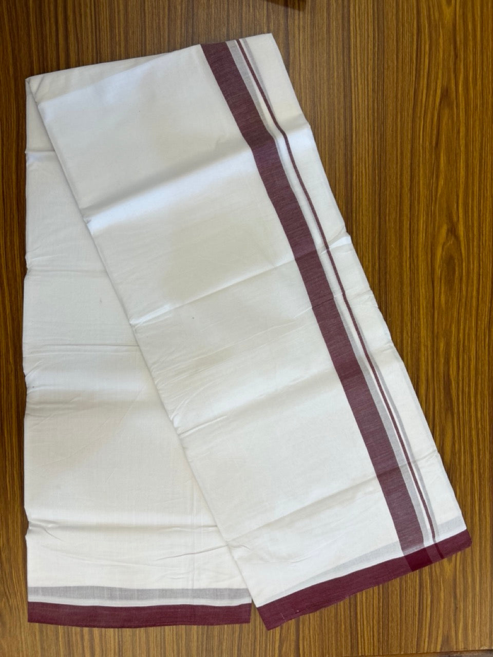 KaithariKada Handloom Millpaav Balaramapuram - 100% Pure Cotton Double Mundu/Dhoti Pure white - 80x90 - 1 inch Maroon Mulloth Kara 4 mtr (8.5 Muzham) - 3 KK5263 YAR