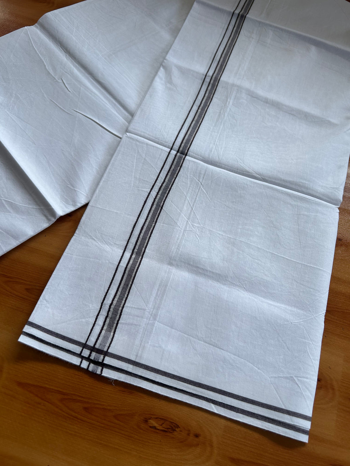 Single Mundu/Dhoti - Pure White - KaithariKada Pulimood 100% Cotton - Twisted 60s Thread - 0.5 inch Brown & Silver Kara (2 meter / 4 muzham) - 17 KK5556 GL