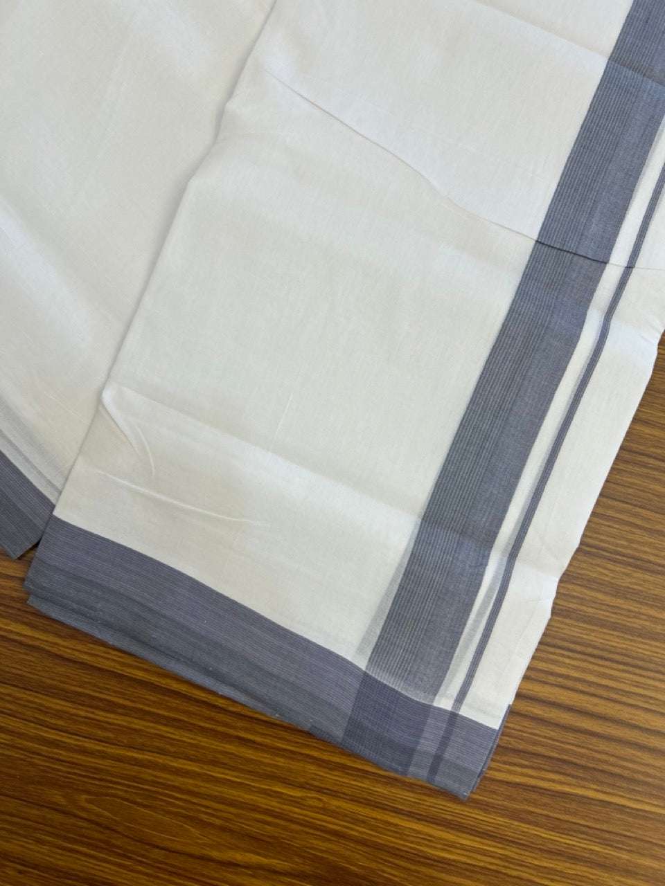 KaithariKada Handloom Millpaav Balaramapuram - 100% Pure Cotton Double Mundu/Dhoti Pure white - 80x90 - 1.5 inch Ash blue shaded striped Kara 4 mtr (8.5 Muzham) - 14 KK5263 YAR