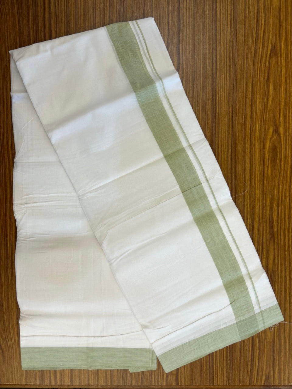 KaithariKada Handloom Millpaav Balaramapuram - 100% Pure Cotton Double Mundu/Dhoti Pure white - 80x90 - 1.5 inch Light Green striped Kara 4 mtr (8.5 Muzham) - 13 KK5263 YAR