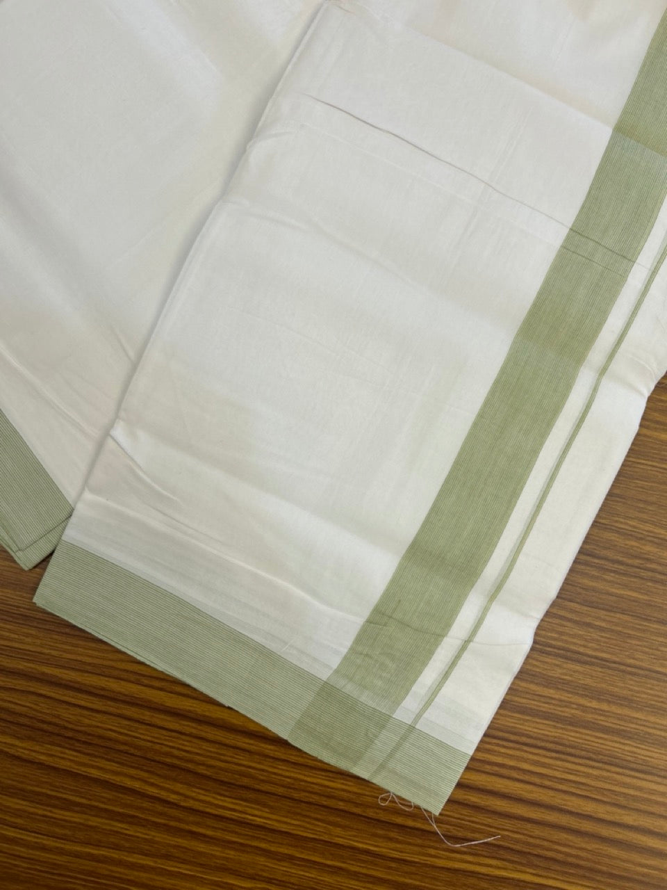 KaithariKada Handloom Millpaav Balaramapuram - 100% Pure Cotton Double Mundu/Dhoti Pure white - 80x90 - 1.5 inch Light Green striped Kara 4 mtr (8.5 Muzham) - 13 KK5263 YAR