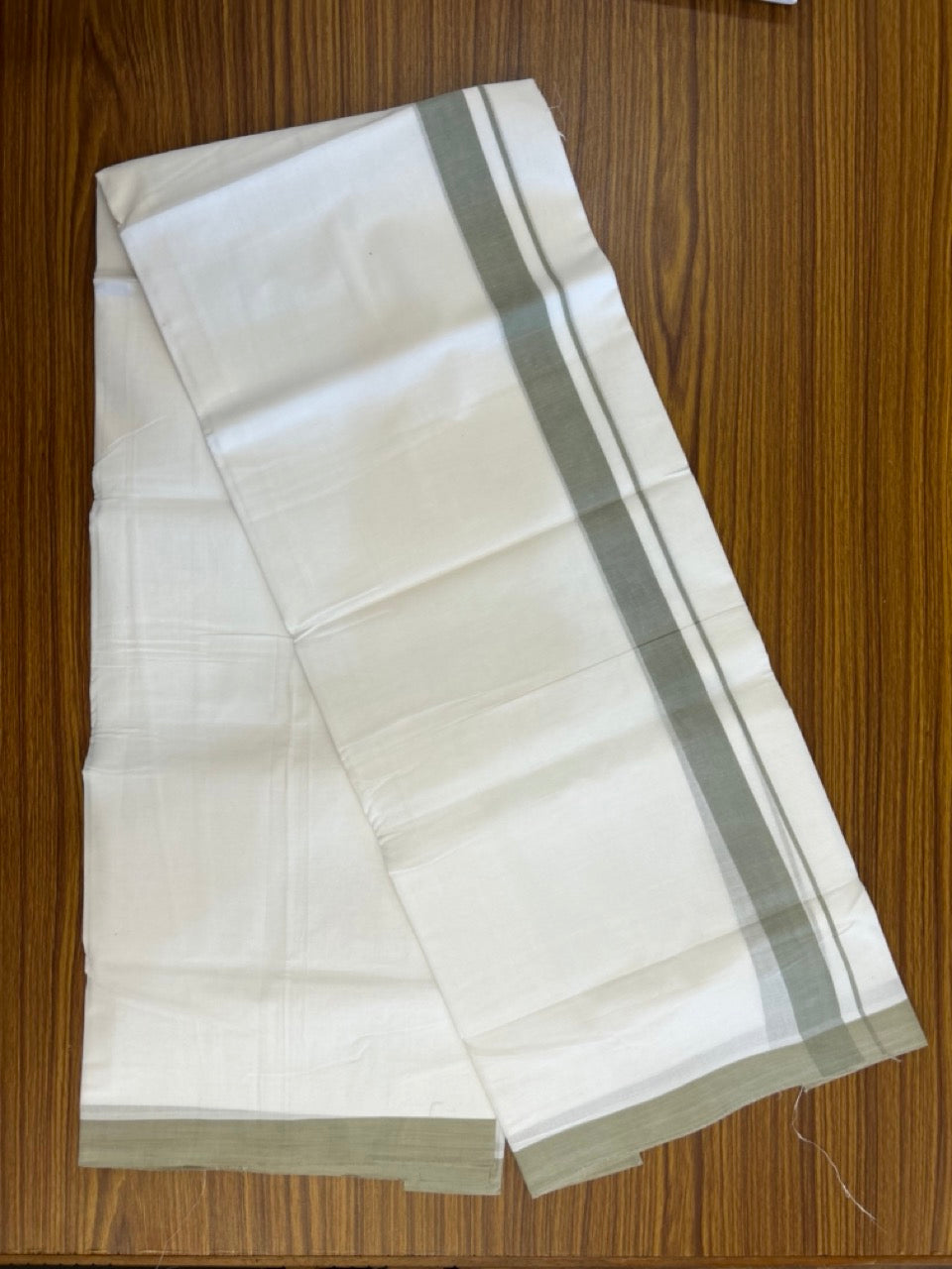 KaithariKada Handloom Millpaav Balaramapuram - 100% Pure Cotton Double Mundu/Dhoti Pure white - 80x90 - 1 inch Sage green Mulloth Kara 4 mtr (8.5 Muzham) - 7 KK5263 YAR