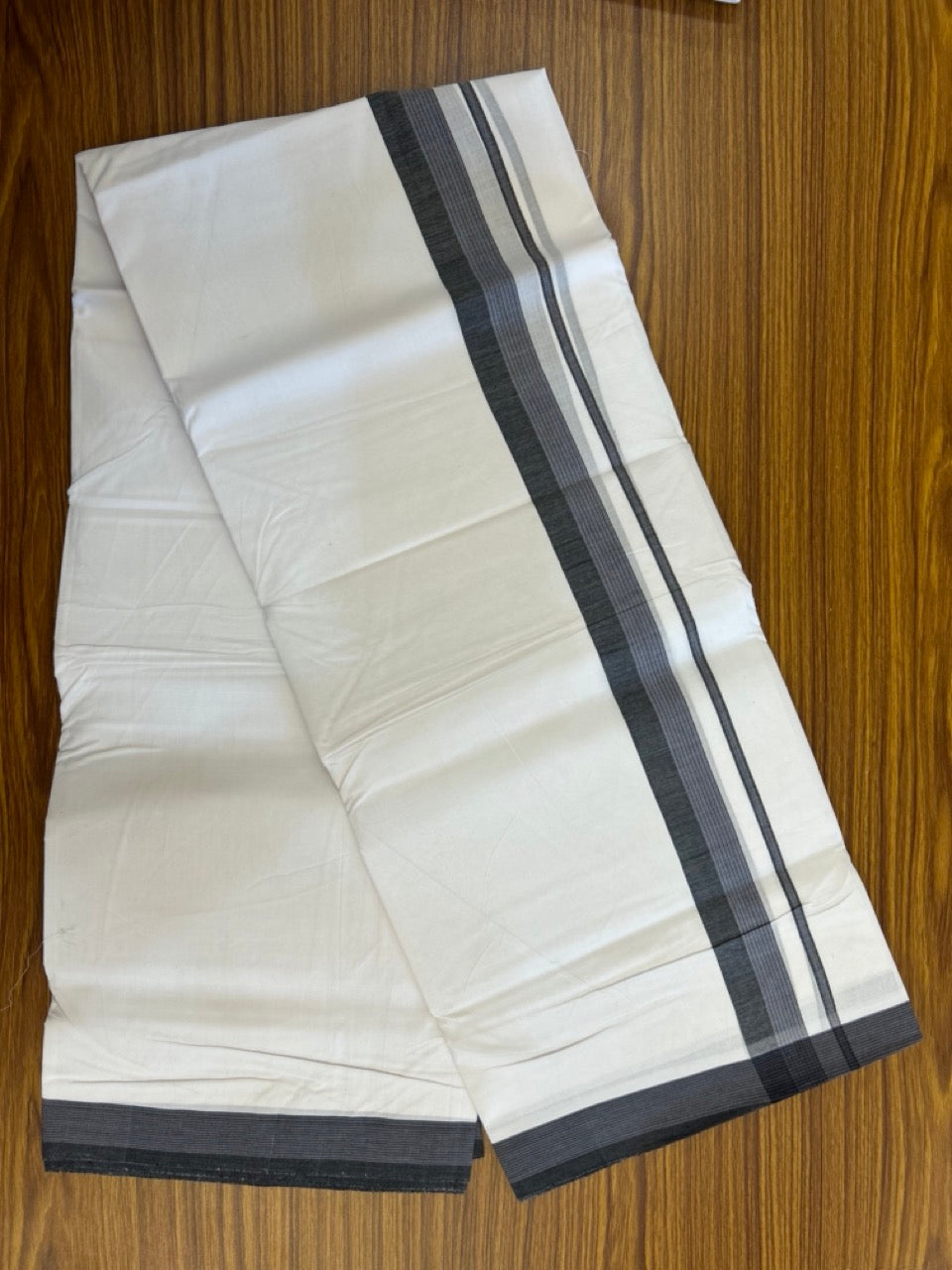 KaithariKada Handloom Millpaav Balaramapuram - 100% Pure Cotton Double Mundu/Dhoti Pure white - 80x90 - 1.5 inch Black & ash blue striped Kara 4 mtr (8.5 Muzham) - 10 KK5263 YAR
