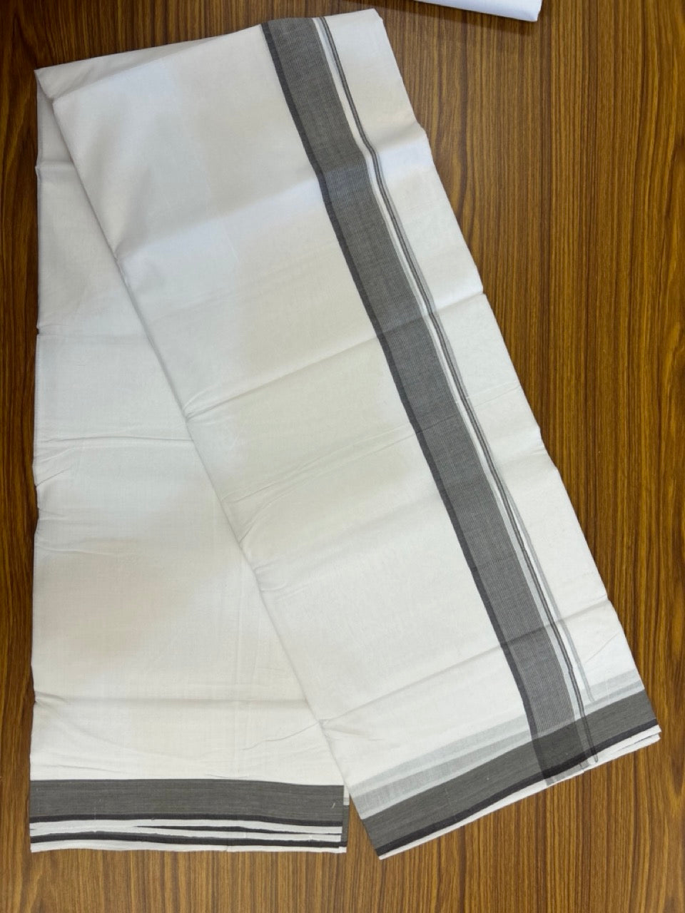 KaithariKada Handloom Millpaav Balaramapuram - 100% Pure Cotton Double Mundu/Dhoti Pure white - 80x90 - 1.25 inch Brown & ash striped Kara 4 mtr (8.5 Muzham) - 9 KK5263 YAR