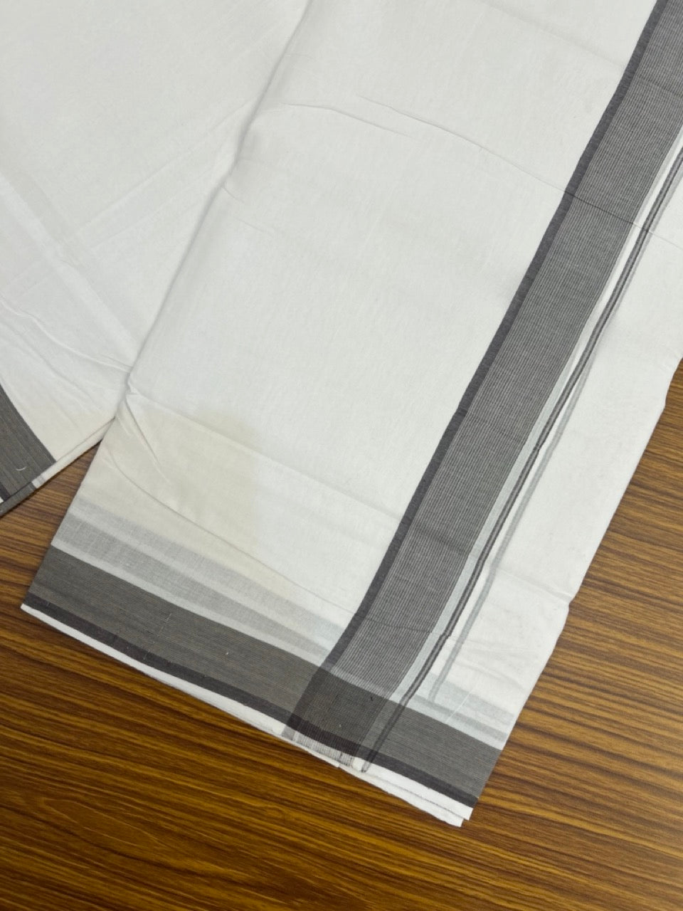 KaithariKada Handloom Millpaav Balaramapuram - 100% Pure Cotton Double Mundu/Dhoti Pure white - 80x90 - 1.25 inch Brown & ash striped Kara 4 mtr (8.5 Muzham) - 9 KK5263 YAR