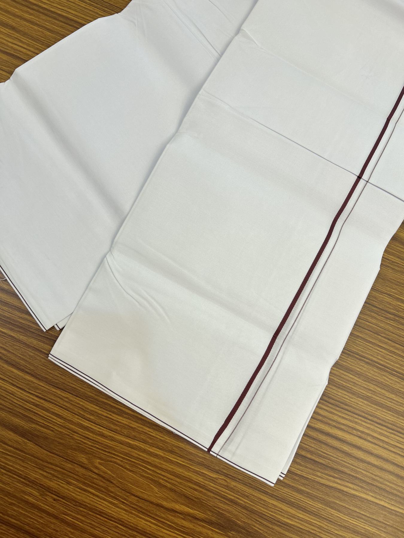 20% Discount !! KaithariKada Wrinkle Free Mercerised Cotton Pure White Single Mundu/Dhoti- (40s) - 0.25 cm Dark Maroon Kara (2 meter / 4 muzham) - 27 KK5336 UAT