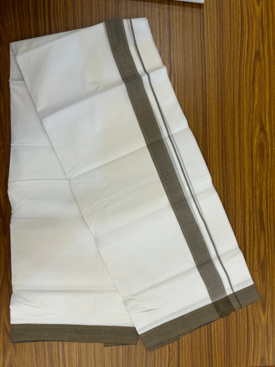 KaithariKada Handloom Millpaav Balaramapuram - 100% Pure Cotton Double Mundu/Dhoti Pure white - 80x90 - 1.5 inch Navy blue & brown shaded striped Kara 4 mtr (8.5 Muzham) - 11 KK5263 YAR