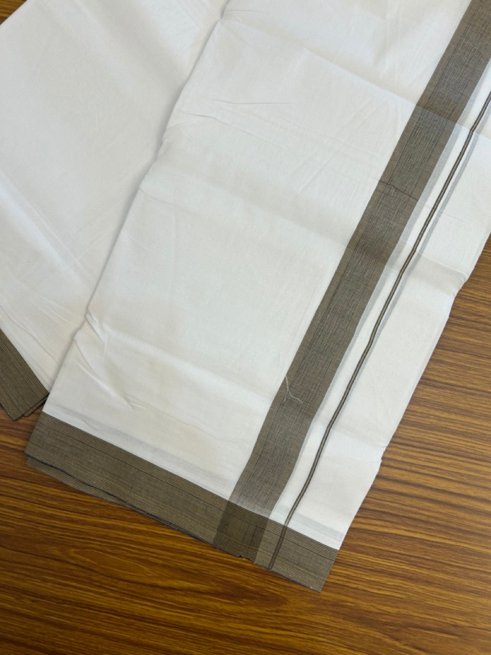 KaithariKada Handloom Millpaav Balaramapuram - 100% Pure Cotton Double Mundu/Dhoti Pure white - 80x90 - 1.5 inch Navy blue & brown shaded striped Kara 4 mtr (8.5 Muzham) - 11 KK5263 YAR