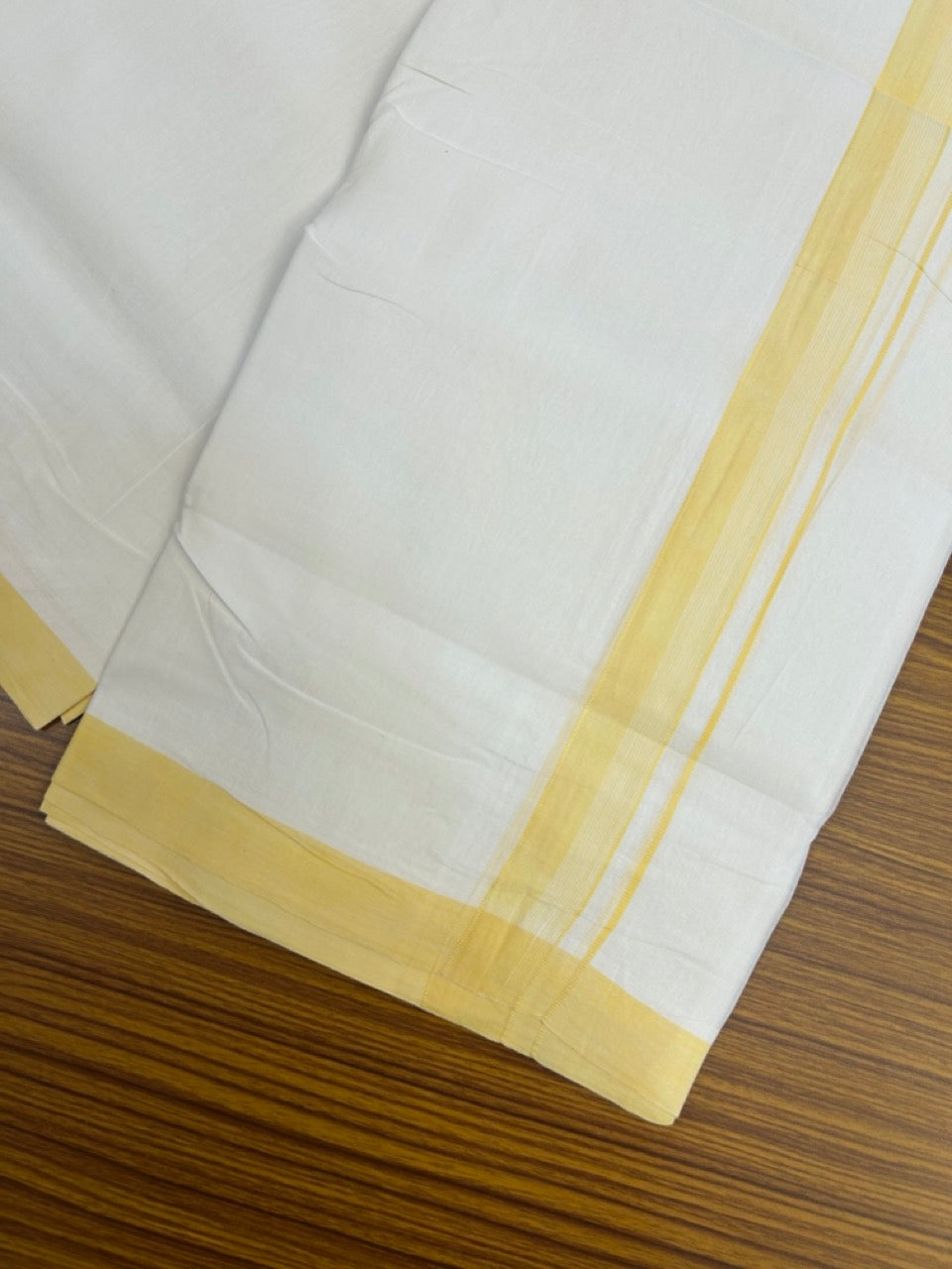 KaithariKada Handloom Millpaav Balaramapuram - 100% Pure Cotton Double Mundu/Dhoti Pure white - 80x90 - 1.25 inch Yellow shaded striped Kara 4 mtr (8.5 Muzham) - 16 KK5263 YAR