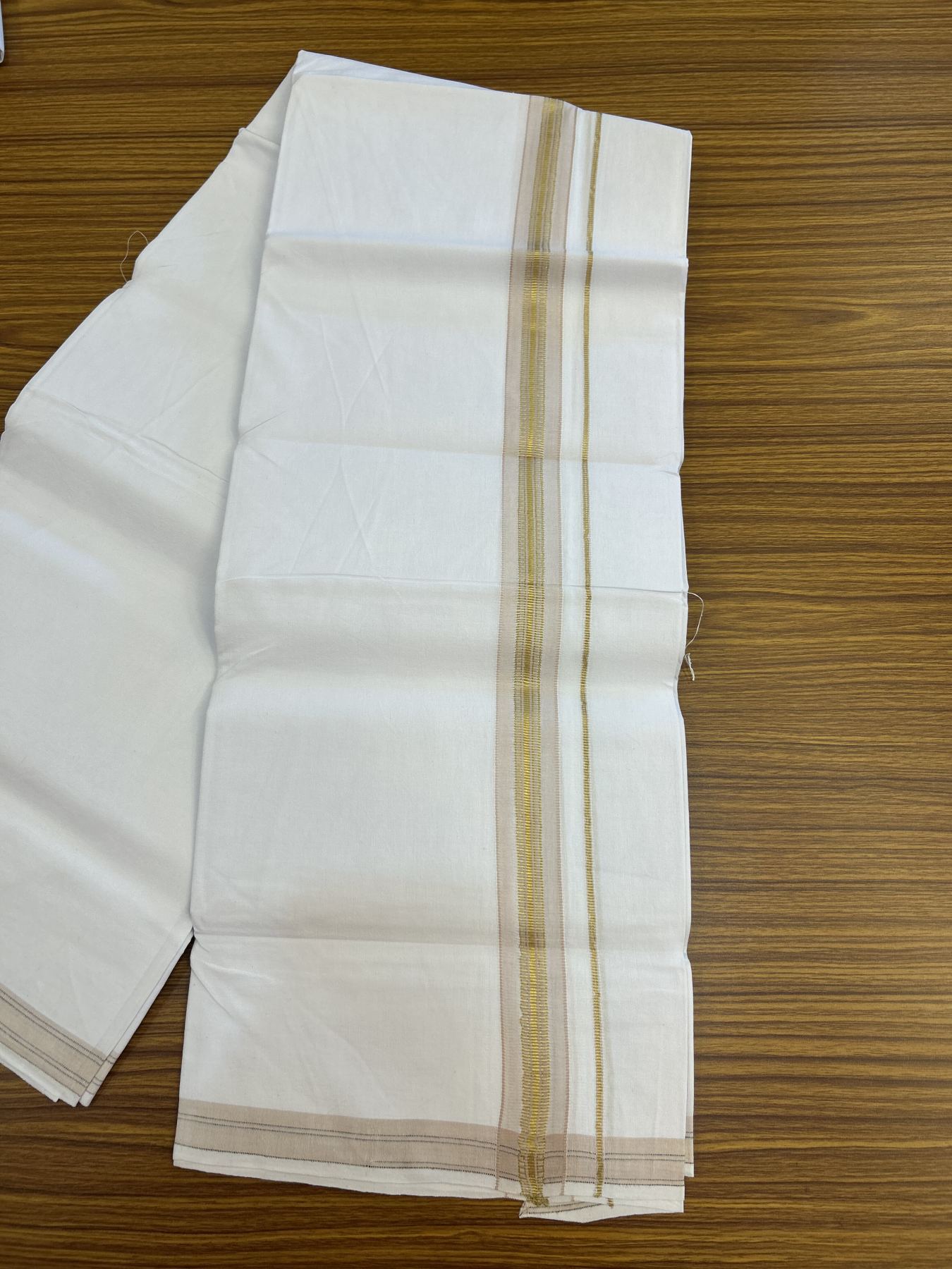 25% Discount ! KaithariKada 100% Cotton Kerala Handloom Single Pure White Mundu/Dhoti - 1.25 inch Light Brown Kasav Kara & Striped Kara (2 meter / 4 muzham) - 7 KK5336 KAI