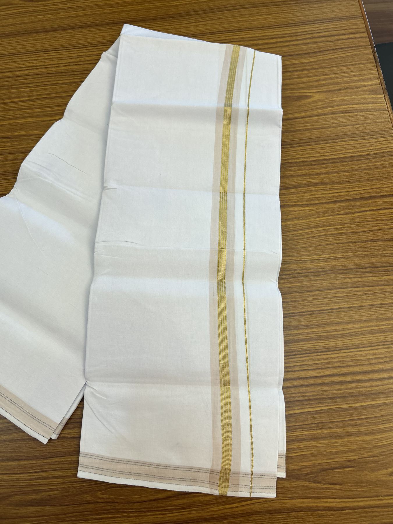 25% Discount ! KaithariKada 100% Cotton Kerala Handloom Single Pure White Mundu/Dhoti - 1.25 inch Light Brown Kasav Kara & Striped Kara (2 meter / 4 muzham) - 8 KK5336 KAI